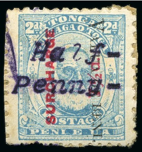 1896 (May) Half Penny on 7 1/2d on 2d pale blue perf.12x11, mint small part og, showing rather dramatic flying typewriter ribbon flaw at left