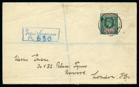 1912-20 1s Deep Green and Red on green on registered cover to stamp dealers Ewens