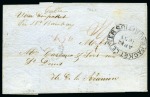 1855 (12.4) Folded letter sheet incoming from Calcutta franked on reverse by India 1854 2a green strip of four