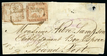 Stamp of Mauritius » 1848-59 Post Paid Issue » Latest Impressions (SG 23-25) 1848-59 Post Paid 1d red, latest impression, vertical pair neatly tied by bevelled framed 'Black River/MR.1.1859' ds, on large part front