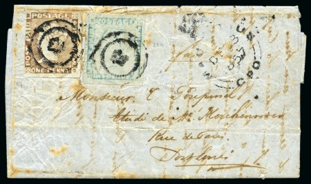 Stamp of Mauritius » 1848-59 Post Paid Issue THE UNIQUE INTERMEDIATE / WORN COMBINATION USAGE: 1d red intermediate impression in combination with 2d blue worn impression tied by numeral '3' on folded entire
