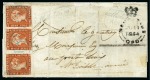 UNIQUE FRANKING: 1848-59 Post Paid 1d red, early impression, HORIZONTAL STRIP OF THREE on 1854 folded letter sheet