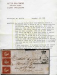 UNIQUE FRANKING: 1848-59 Post Paid 1d red, early impression, HORIZONTAL STRIP OF THREE on 1854 folded letter sheet