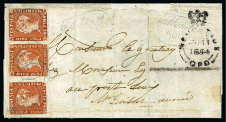 Stamp of Mauritius » 1848-59 Post Paid Issue » Early Impressions (SG 6-9) UNIQUE FRANKING: 1848-59 Post Paid 1d red, early impression, HORIZONTAL STRIP OF THREE on 1854 folded letter sheet