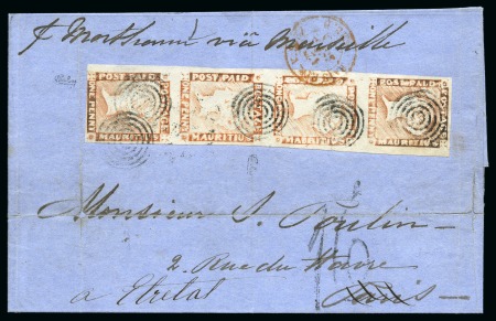 Stamp of Mauritius » 1848-59 Post Paid Issue » Latest Impressions (SG 23-25) 1848-59 Post Paid 1d red, latest impression, VERTICAL STRIP OF FOUR, on 1859 folded letter sheet sent from Port Louis
