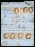UNIQUE FRANKING: 1848-59 Post Paid 1d red, worn impression, VERTICAL STRIP OF FOUR and VERTICAL STRIP OF THREE on cover