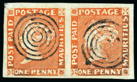 Stamp of Mauritius » 1848-59 Post Paid Issue » Early Impressions (SG 6-9) 1848-59 Post Paid 1d vermilion, early impression, position 5-6, used pair