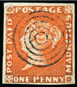 Stamp of Mauritius » 1848-59 Post Paid Issue » Early Impressions (SG 6-9) 1848-59 Post Paid 1d vermilion, early impression, position 2, close to good margins, used