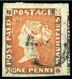Stamp of Mauritius » 1848-59 Post Paid Issue » Early Impressions (SG 6-9) 1848-59 Post Paid 1d vermilion, early impresison, position 11, good to huge margins showing