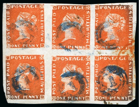 Stamp of Mauritius » 1848-59 Post Paid Issue » Earliest Impressions (SG 3-5) THE LARGEST KNOWN MULTIPLE: 1d orange-vermilion earliest impression used BLOCK OF SIX