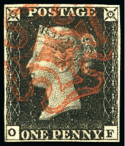 Stamp of Great Britain » 1840 1d Black and 1d Red plates 1a to 11 1840 1d Black pl.6 OF with fine margins all around cancelled by a crisp red MC with SOLID CENTRE
