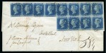 1843 (Jun 17) Wrapper from Edinburgh to the USA with twelve 1841 2d blue pl.3, with a pairs and an irregular block of ten, all neatly cancelled by black MCs
