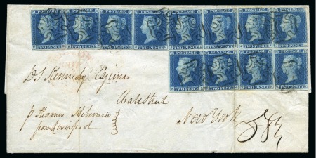 Stamp of Great Britain » 1841 2d Blue 1843 (Jun 17) Wrapper from Edinburgh to the USA with twelve 1841 2d blue pl.3, with a pairs and an irregular block of ten, all neatly cancelled by black MCs