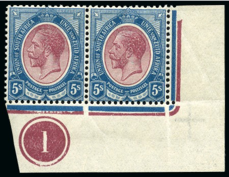 1913-24 5s Purple & Blue mint nh lower right corner marginal plate pair with co-extensive "Jubilee" line