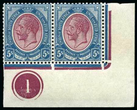 1913-24 5s Purple & Blue mint nh lower left corner marginal plate pair with co-extensive "Jubilee" line