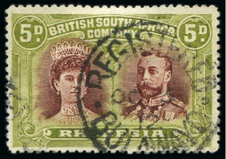 Stamp of Rhodesia 1910-13 5d lake-brown and green, perf. 14, used with 'REGISTERED/BULAWAYO/OC.5.12' cds