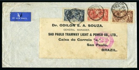 1938 (Jul 27) Long envelope to Brazil with 1934 2s6d, 5s and 10s set of three Waterlow Re-Engraved Seahorses