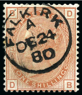 Stamp of Great Britain » 1855-1900 Surface Printed » 1873-80 Large Coloured Corner Letters, Wmk Small Anchor & Orbs 1873-80 1s Orange pl.13 with crisp Falkirk (Scotland) cds