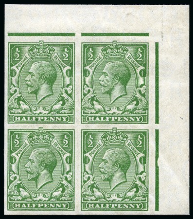 Stamp of Great Britain » King George V » 1924-36 Issues 1924-26 Wmk Block Cypher 1/2d green imperforate imprimatur mint og top right corner marginal block of four