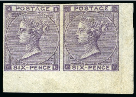 1862-64 6d Lilac pl.4 (with hair lines) imperforate with inverted watermark in lower right corner marginal pair