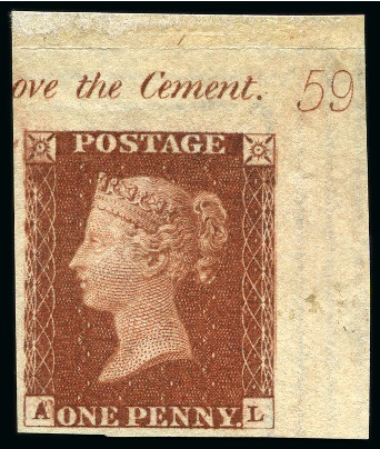 Stamp of Great Britain » 1841 1d Red 1841 1d Red-Brown pl.59 imperforate imprimatur top right corner marginal with plate number
