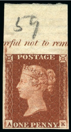 Stamp of Great Britain » 1841 1d Red 1841 1d Red-Brown pl.59 imperforate imprimatur top marginal
