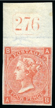 1865-67 4d Vermilion pl.10 imperforate imprimatur, mint top marginal with current number "276"