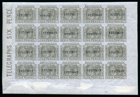 1877 6d Telegraphs mint imperforate pane of twenty with "SPECIMEN" type 9 overprint