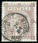 1867-83 Wmk Anchor £1 brown-lilac pl.1 FA on blued paper neatly cancelled by YORK ST. / MANCHESTER AP 26 84 cds
