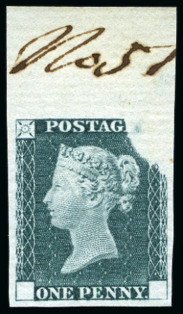 Stamp of Great Britain » Line Engraved Essays, Plate Proofs, Colour Trials and Reprints 1840 1d Rainbow trial, state 3, in bluish-green on thick bluish laid paper in top marginal single