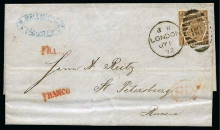 RUSSIA: 1872 (Jul 1) Wrapper from London to St. Petersburg