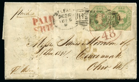 1856 (Dec 26) Entire from Belfast to the USA with two 1847-54 Embossed 1s green tied by Belfast spoons