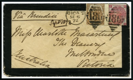 1872 (Sep 6) Mourning envelope from Dublin to Australia with 1872-73 6d chestnut wing marginal and 1867-80 3d 