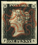 1840 1d Black pl.1b FE with good to huge margins, with crisp, central and complete red MC