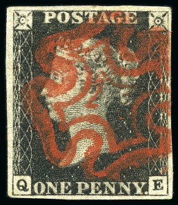 Stamp of Great Britain » 1840 1d Black and 1d Red plates 1a to 11 1840 1d Black pl.7 QE with fine to good margins, neat and vivid red MC, diagonal crease