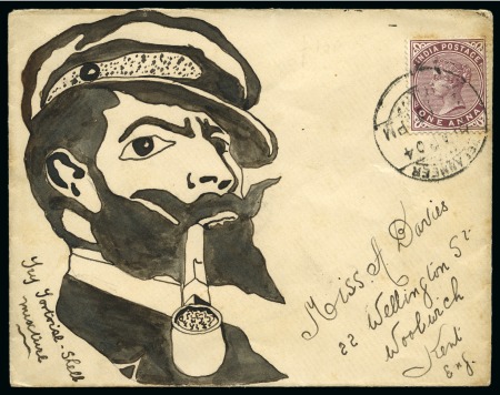 1904 (Apr 21) & 1905 Hand illustrated envelope and a front in ink depicting portraits of seemingly the same man with a cap smoking a pipe