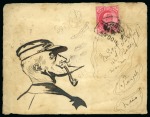 1904 (Apr 21) & 1905 Hand illustrated envelope and a front in ink depicting portraits of seemingly the same man with a cap smoking a pipe