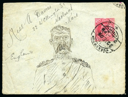 1903 (Sep 22) Hand illustrated envelope in ink depicting officer on the front and reverse with watercolour ivy leaves