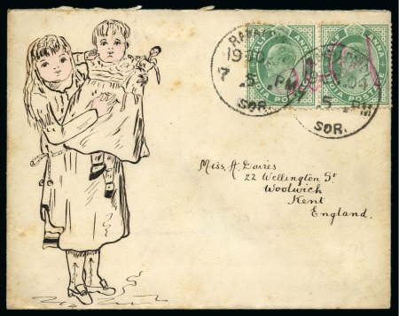 1904 (Oct 19) Hand illustrated envelope in ink depicting a girl holding a little girl