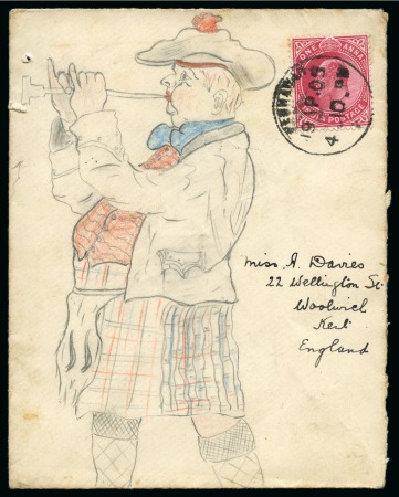 1904 (Apr 19) Hand illustrated envelope in pencil depicting an Scotsman in kilt playing a pipe