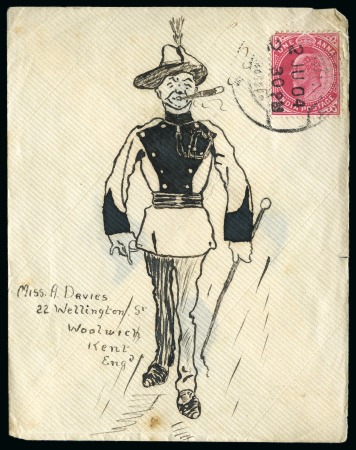 1904 (Jun 2) Hand illustrated envelope in ink depicting an Australian(?) soldier in dress uniform