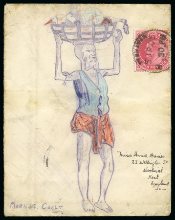 1905 (Apr 5) Hand illustrated envelope in coloured depicting a man carrying a basket of food on his head