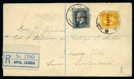 1919 (Feb 27) Envelope sent registered to Switzerland with 1916-19 KGV 2d & 2 1/2d tied by Apia cds, with faint censor hs 