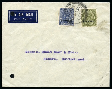 1936 (May 15) Envelope to Switzerland with 1933-37 3a6p and 4a tied by Bahrain double circle ds
