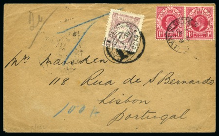 1909 Envelope to Portugal with two KEVII 1d tied by Glencoe cds, underpaid with Portuguese 20c postage due applied