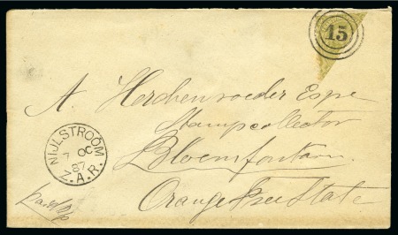 1887 (Oct 7) Envelope to Orange Free State, with 1878 4d DIAGONAL BISECT tied by crisp "15" target cancel 