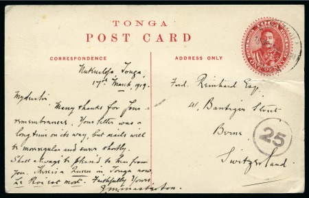 1919 (Ma 18) 1d Postal stationery picture postcard depicting "Three Headed Cocoanut", cancelled by Nukualofa cds