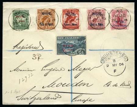 1904 (Jan 28) Envelope sent registered to Switzerland with 1902 1/2d, 1d and 2 1/2d and 1903 3d, 6d and 1s all tied by Niue cds