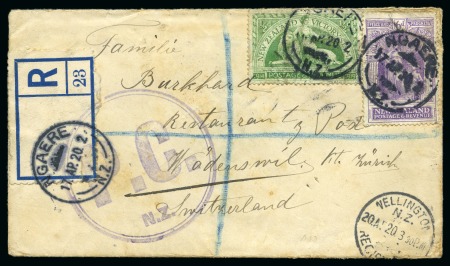 1920 (Apr 17) Envelope sent registered to Switzerland with 1920 Victory 6d and 1/2d tied by Ngaere cds, censored