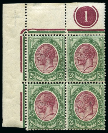 1913 King Head 2s6d purple and green, top left corner marginal control number '1' block of four, mint